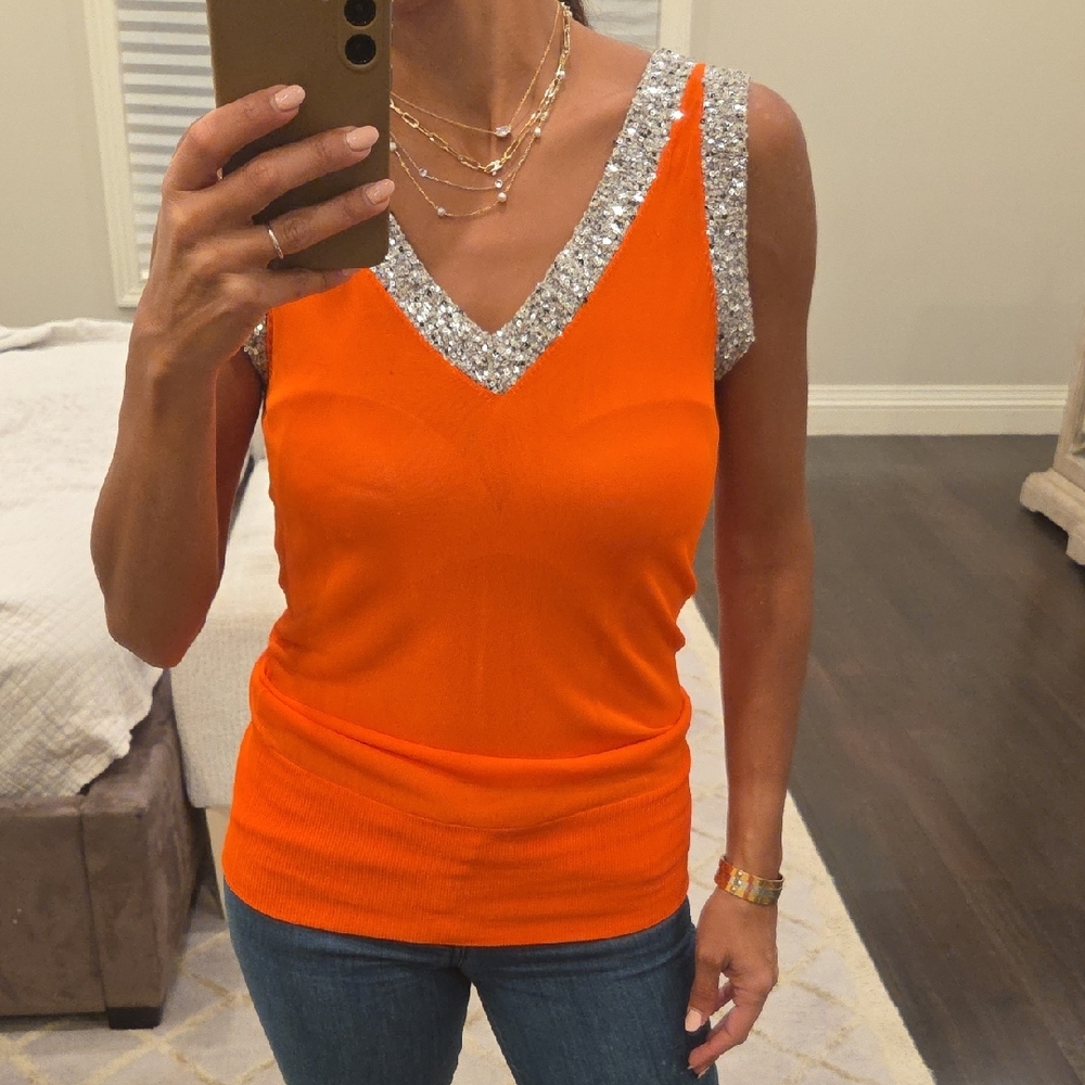 WOMEN'S IISLI BRIGHT NEON ORANGE TOP BLOUSE SLEEVELESS SHIRT WITH SEQUINS $125